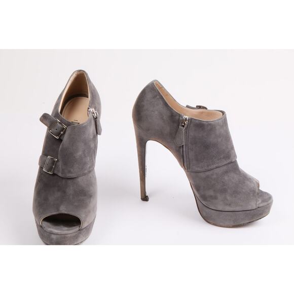 PRADA Gray Suede Leather Peep Toe Buckle Platform Ankle Boots Booties Size 39 - Picture 4 of 12